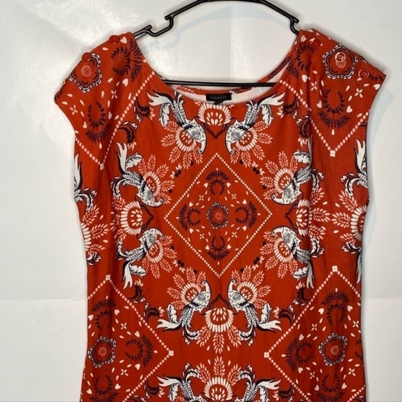 Talbots Handkerchief Peacock Print Sheath Red Cap Sleeve Dress Large Petite LP - Picture 3 of 8